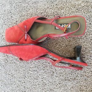 Red Leather Kasper Mules w/strap and Kitten Heels